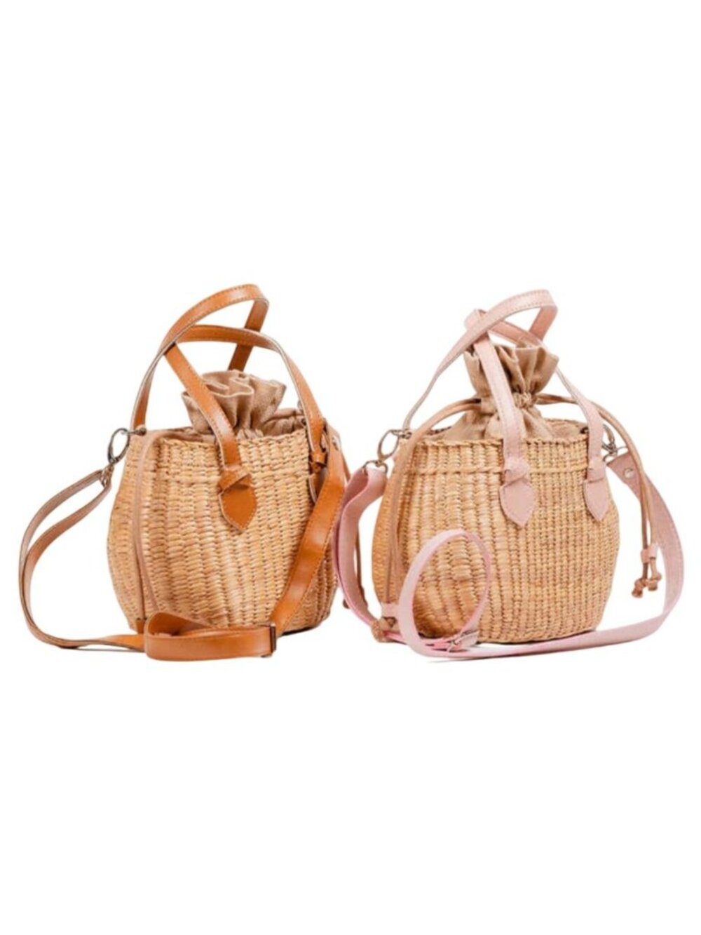 Mini Tote Seagrass Handbag With Faux Leather Handles & Drawstring Closure
